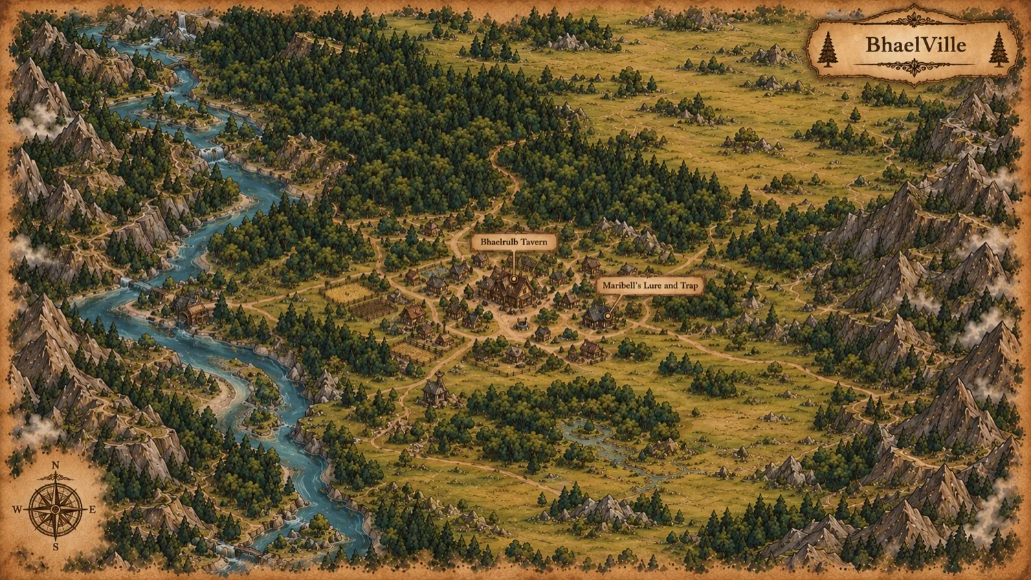 A painted map of BhaelVille, a village in Val'Terra.